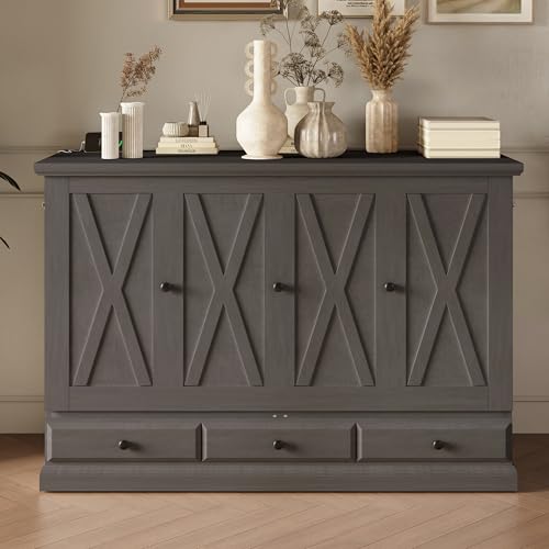 Queen Size Solid Pine Murphy Bed with Charging Station and Storage Drawer H1591