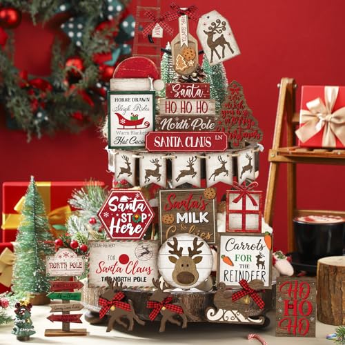 24 Pcs Christmas Tiered Tray Decorations Set with 2 Tiered Tray Stand X807