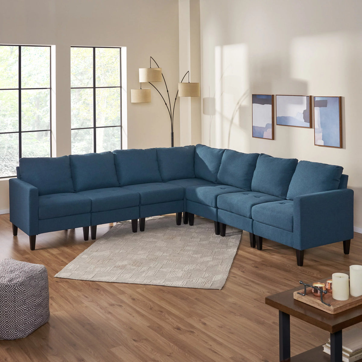 7 Piece Dark Blue Fabric Sectional Couch P9276