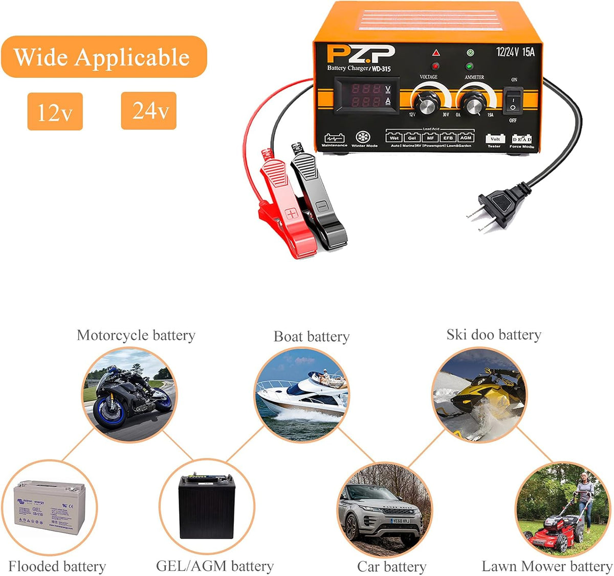 24v Battery Charger 15-Amp Automotive Car Battery Fast Trickle Charger and Maintainer 12v/15a 24v/7.5a U879
