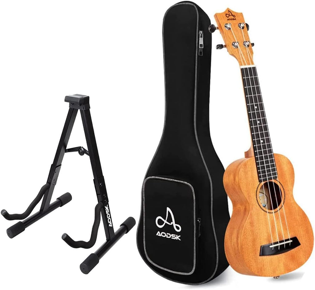 Mahogany 21 Inch Soprano Ukulele with Folding Guitar Stand Y83660