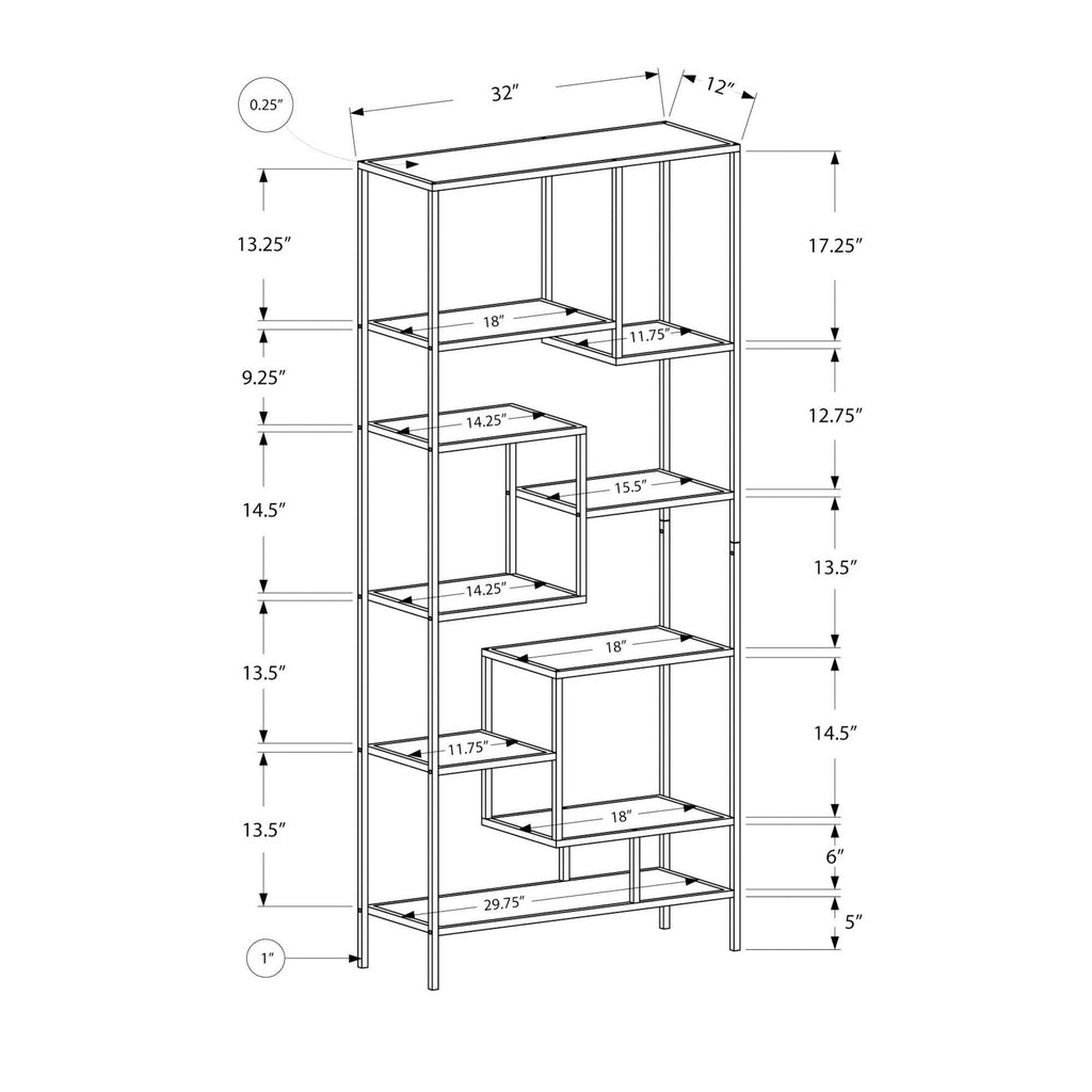 72x22H Silver Metal Bookcase with Tempered Glass B745