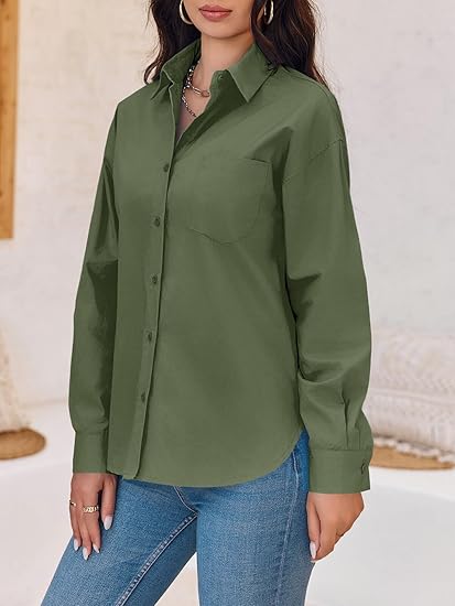 Button Down Shirts Long Sleeve Blouses with Pocket Q3505