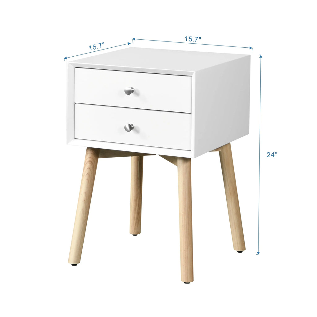 White Bedside Table with 2 Drawers and Rubber Wood Legs W529995