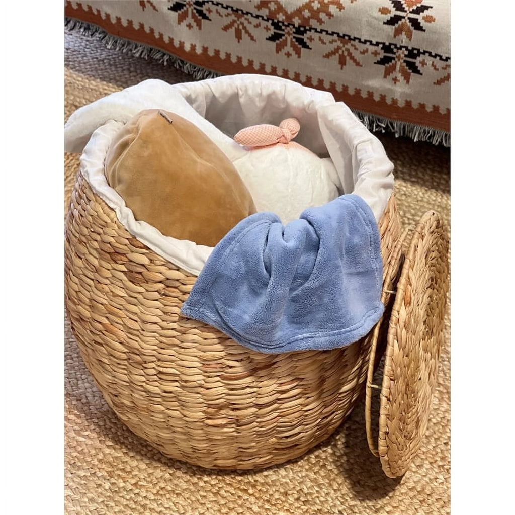 Beige Wicker Rattan Storage Ottoman Basket with Lid R754133