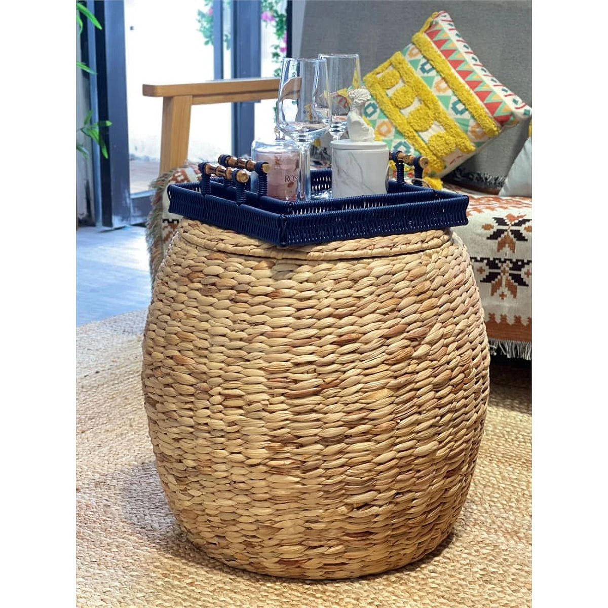 Beige Wicker Rattan Storage Ottoman Basket with Lid R754133