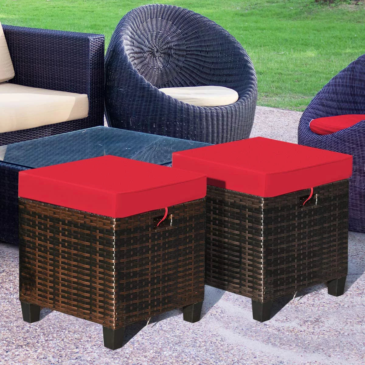 2 Pieces All Weather Rattan Wicker Outdoor Ottoman with Removable Cushions H8839