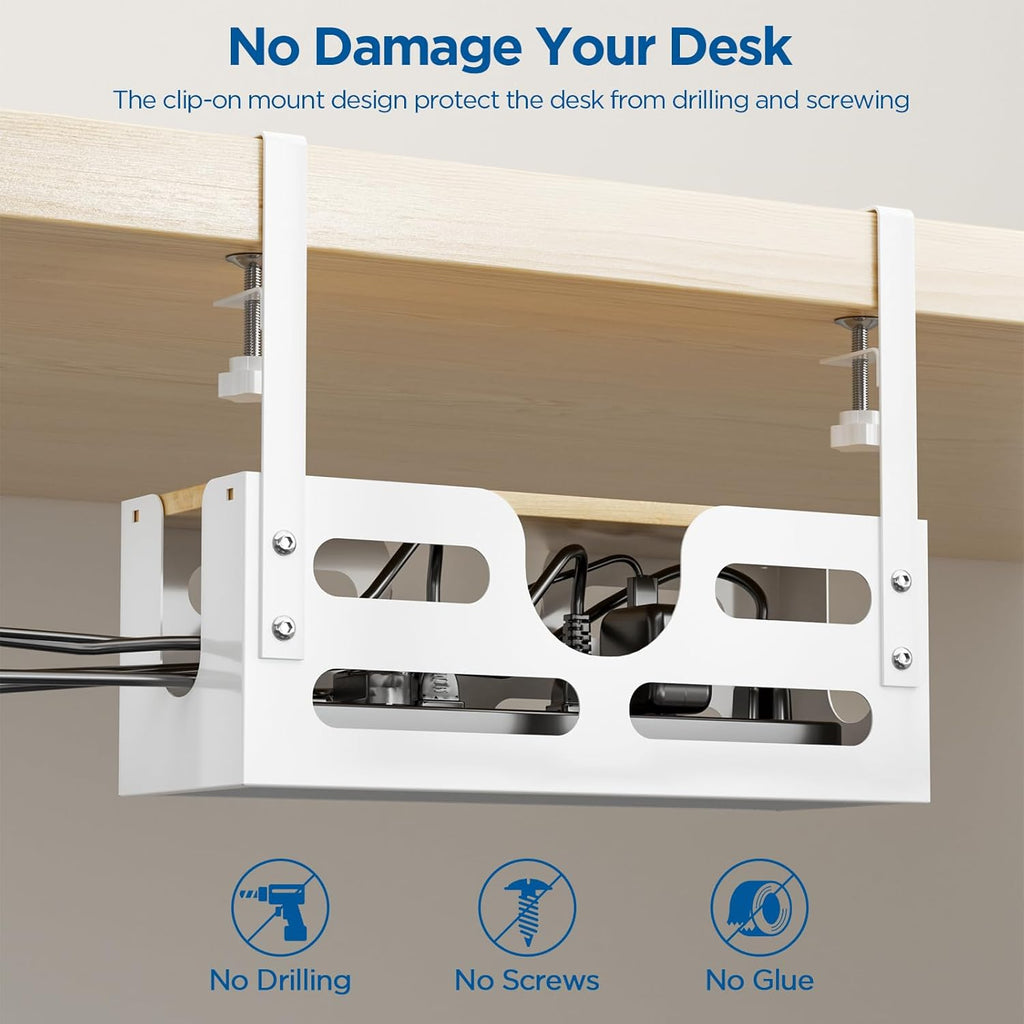 White Desk Cable Management Box with Lid and Adjustable Clamps I944