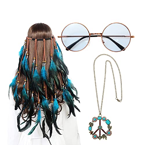 3PCS Hippie Costume Set with Headband Necklace Sunglasses Q192875