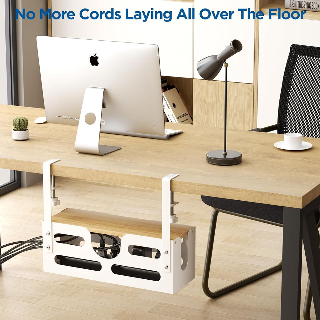 White Desk Cable Management Box with Lid and Adjustable Clamps I944