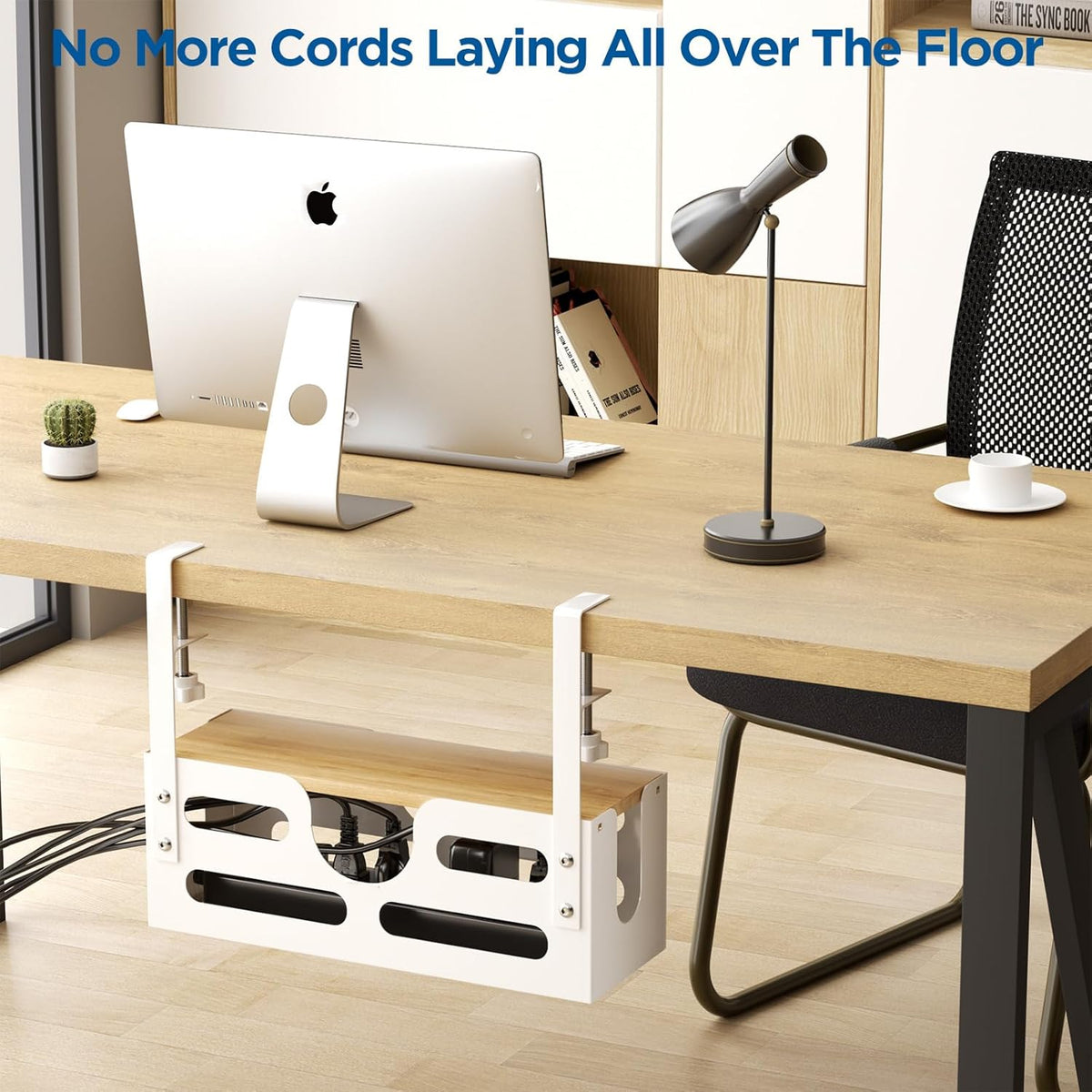 White Desk Cable Management Box with Lid and Adjustable Clamps I944