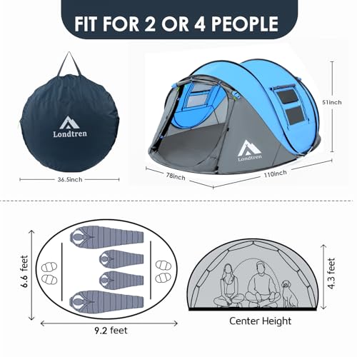 4 Person Pop Up Tent Waterproof Automatic Setup 2 Doors Instant Family Tent X263