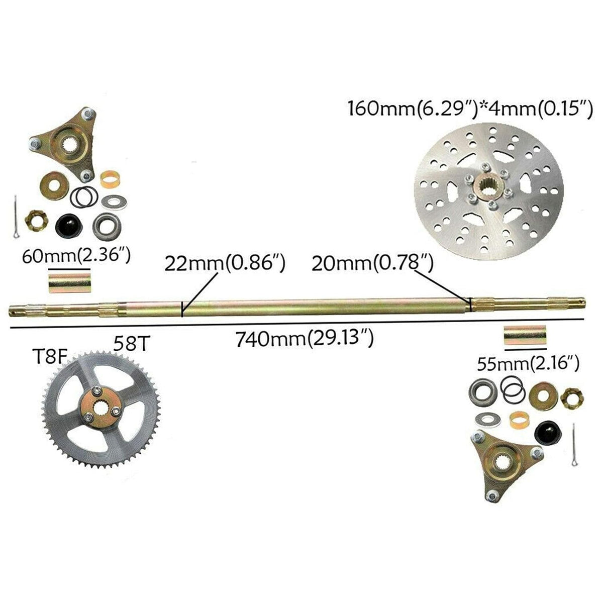 Go Kart Rear Axle Assembly Kit 29" 740mm Wheel Hub Set O969190