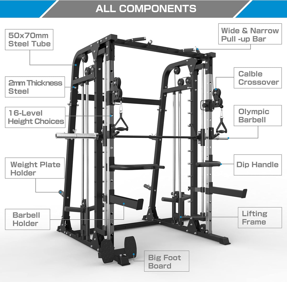 Smith Machine Power Cage with Weight Bar and LAT Pull-Down Systems G9472