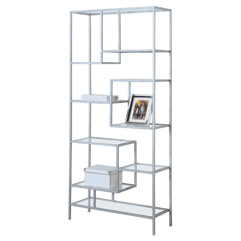 72x22H Silver Metal Bookcase with Tempered Glass B745