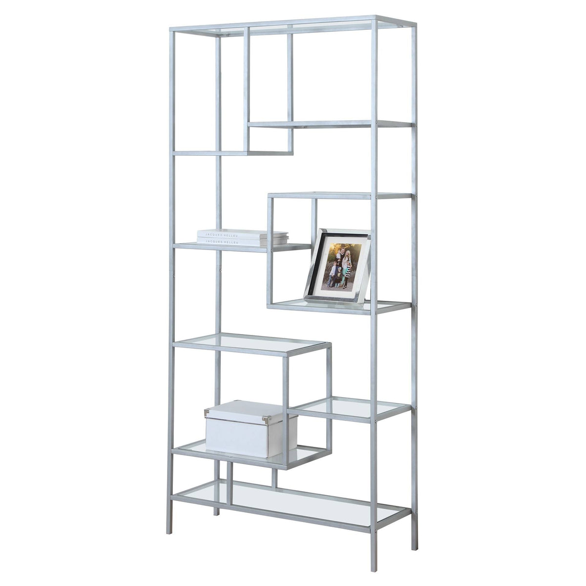 72x22H Silver Metal Bookcase with Tempered Glass B745