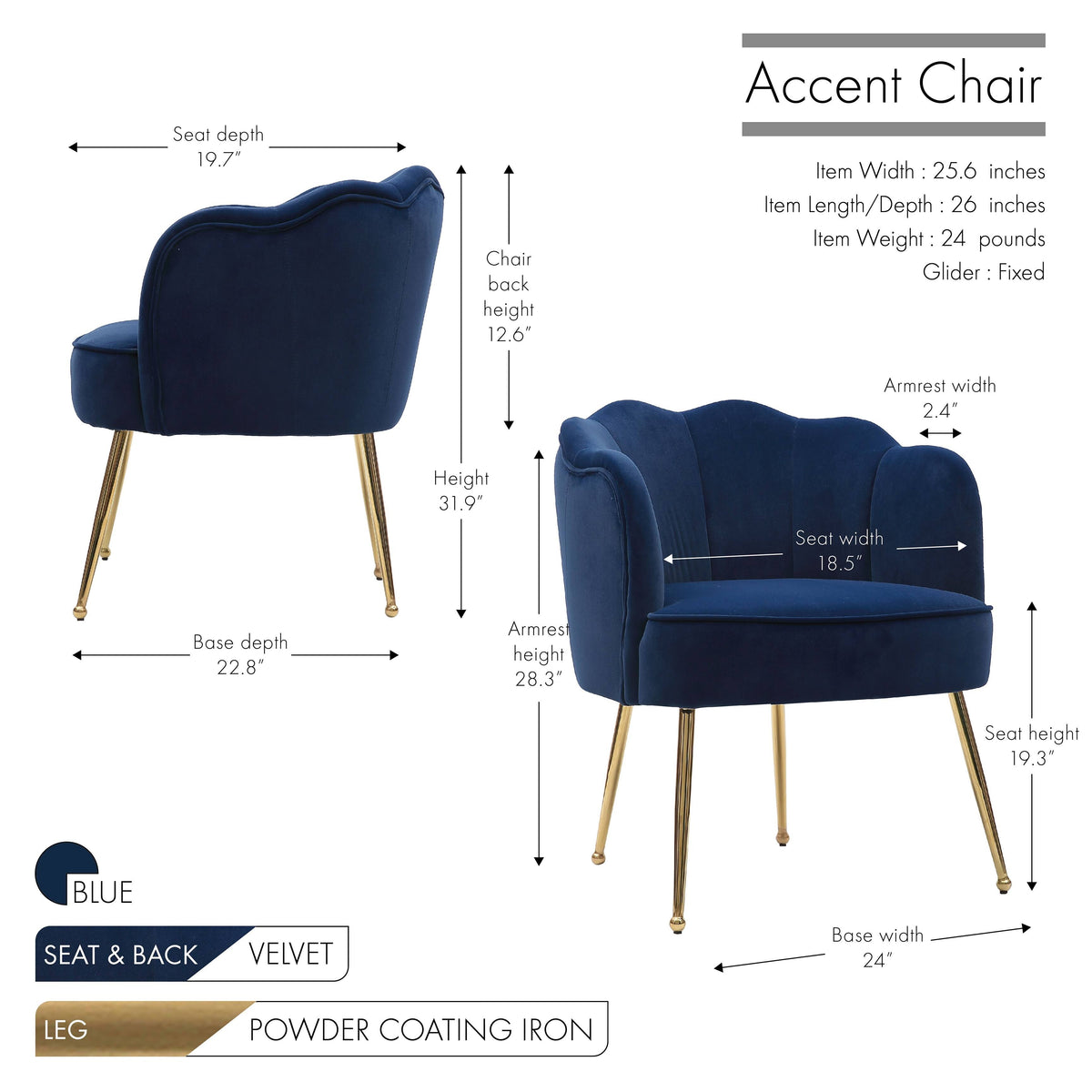 Blue Velvet Accent Chair with Gold Metal Legs R928