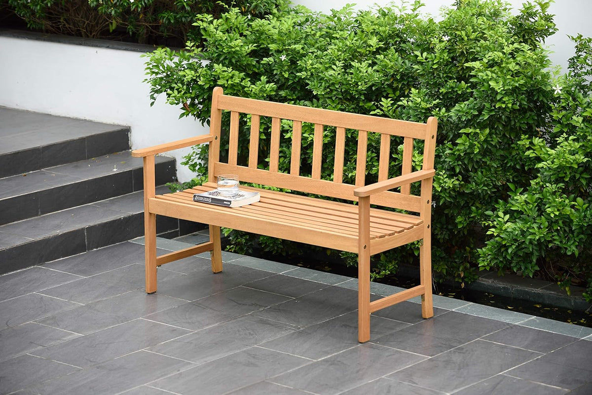 Light Brown Teak Finish 2-Seat Wood Patio Bench Z4425