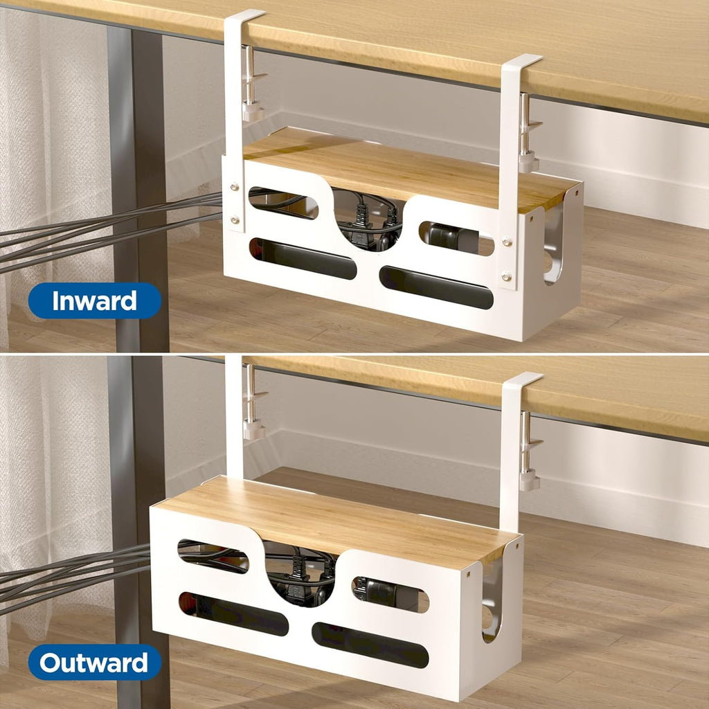 White Desk Cable Management Box with Lid and Adjustable Clamps I944
