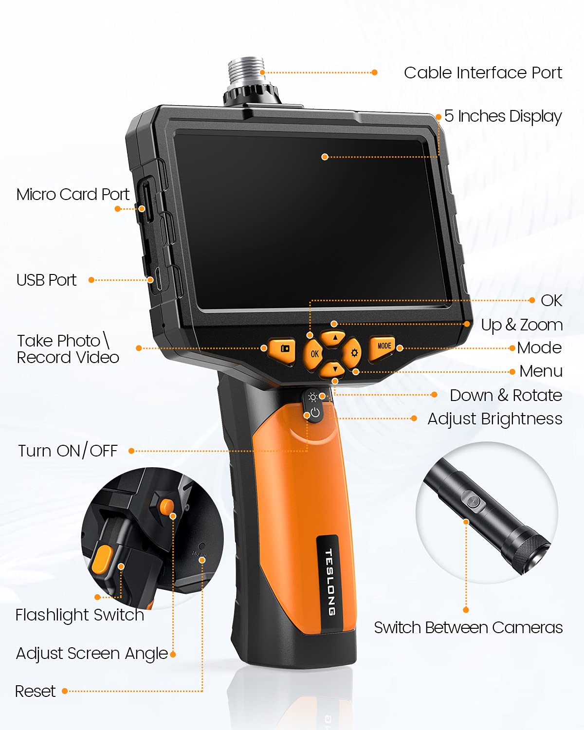 Dual Lens Inspection Camera with 5 IPS Screen, 16.4ft Flexible Probe, 1080p B4586