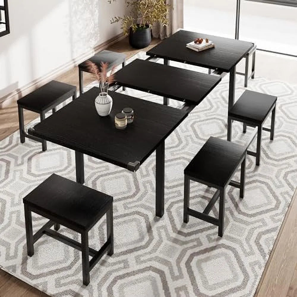 5-Piece Extendable Dining Table Set with 2 Benches and 2 Stools D876