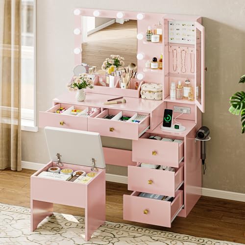 White Vanity Desk with Mirror and Lights, 5 Drawers and Chair T977