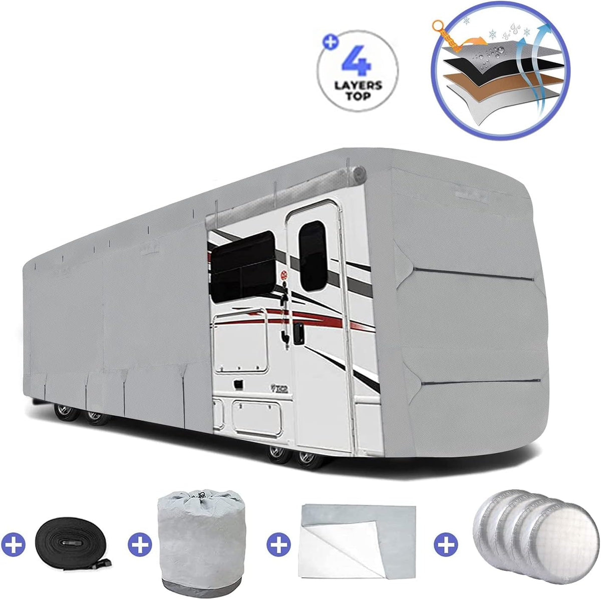 RV Cover, Extra-Thick 4 Layers Anti-UV Top Panel, Fits 33'- 37' Motorhome X2736