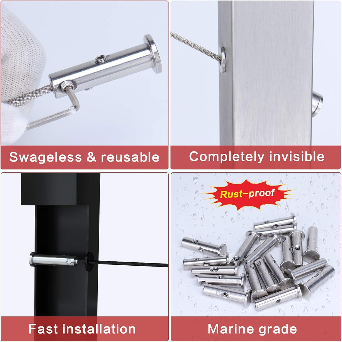 10Pack Cable Railing Kit Invisible Swageless 1/8 Terminal Receiver Flat Head Hidden for 2x2 Metal Post Deck Stairs I4803