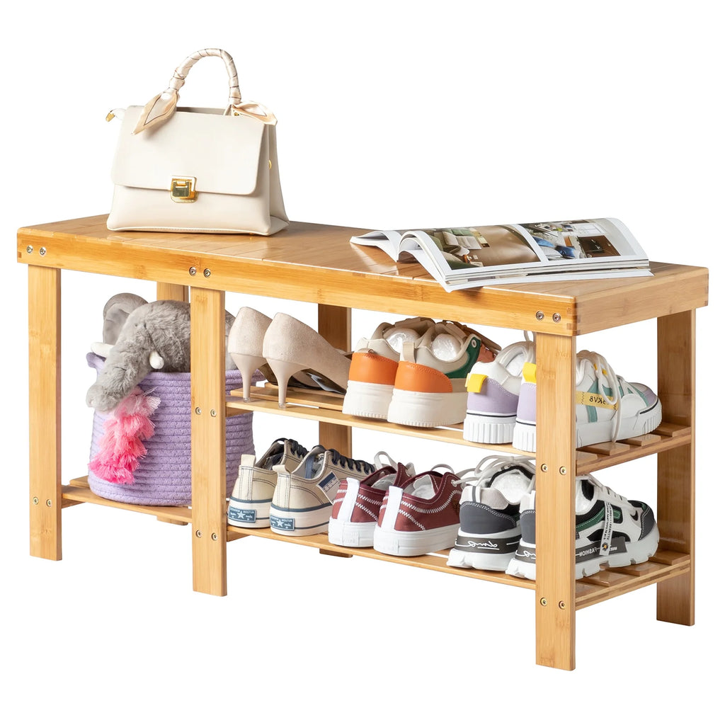 Natural Bamboo Entryway Storage Bench with 3-Tier Shoe Shelf P7244