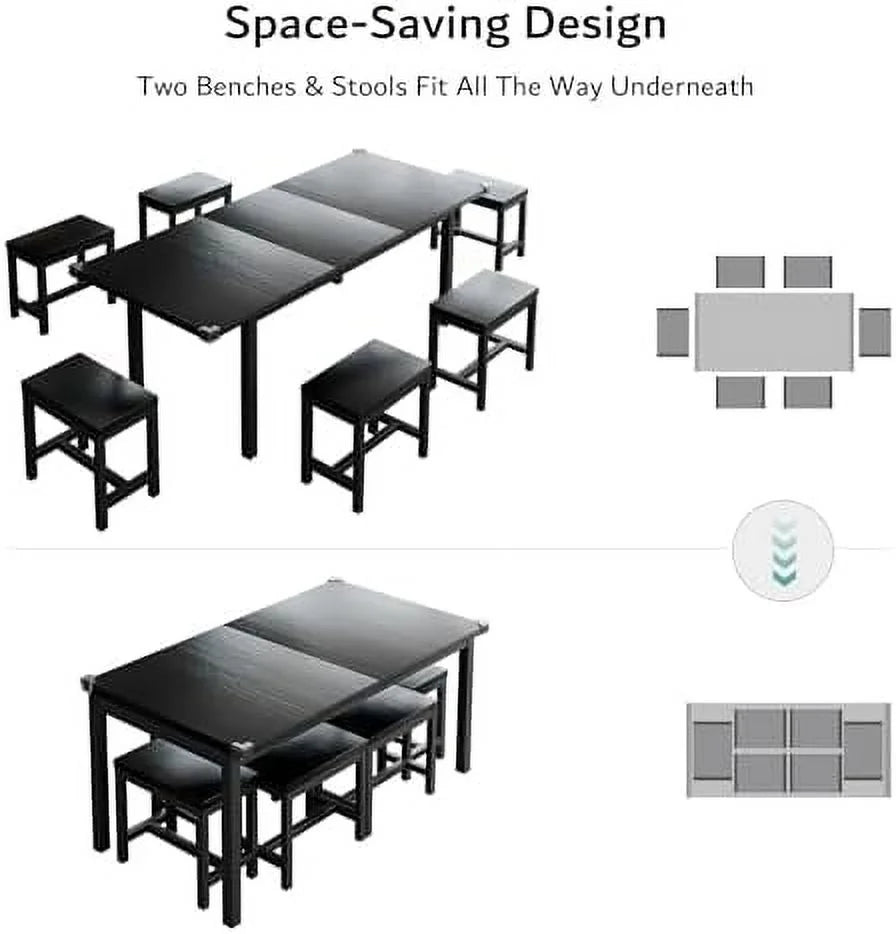 5-Piece Extendable Dining Table Set with 2 Benches and 2 Stools D876