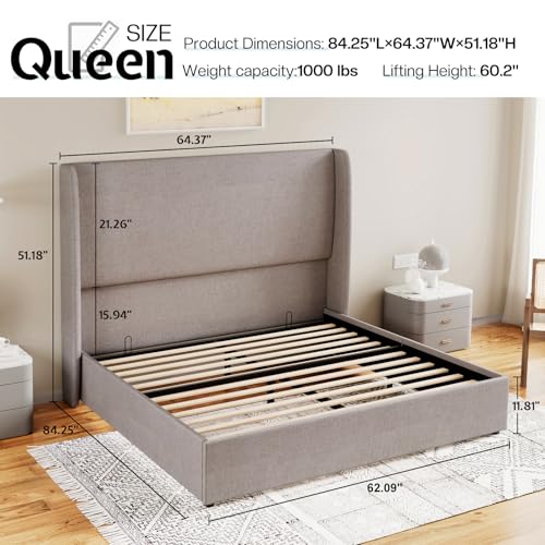 Queen Size Light Grey Linen Upholstered Storage Bed Frame P8104