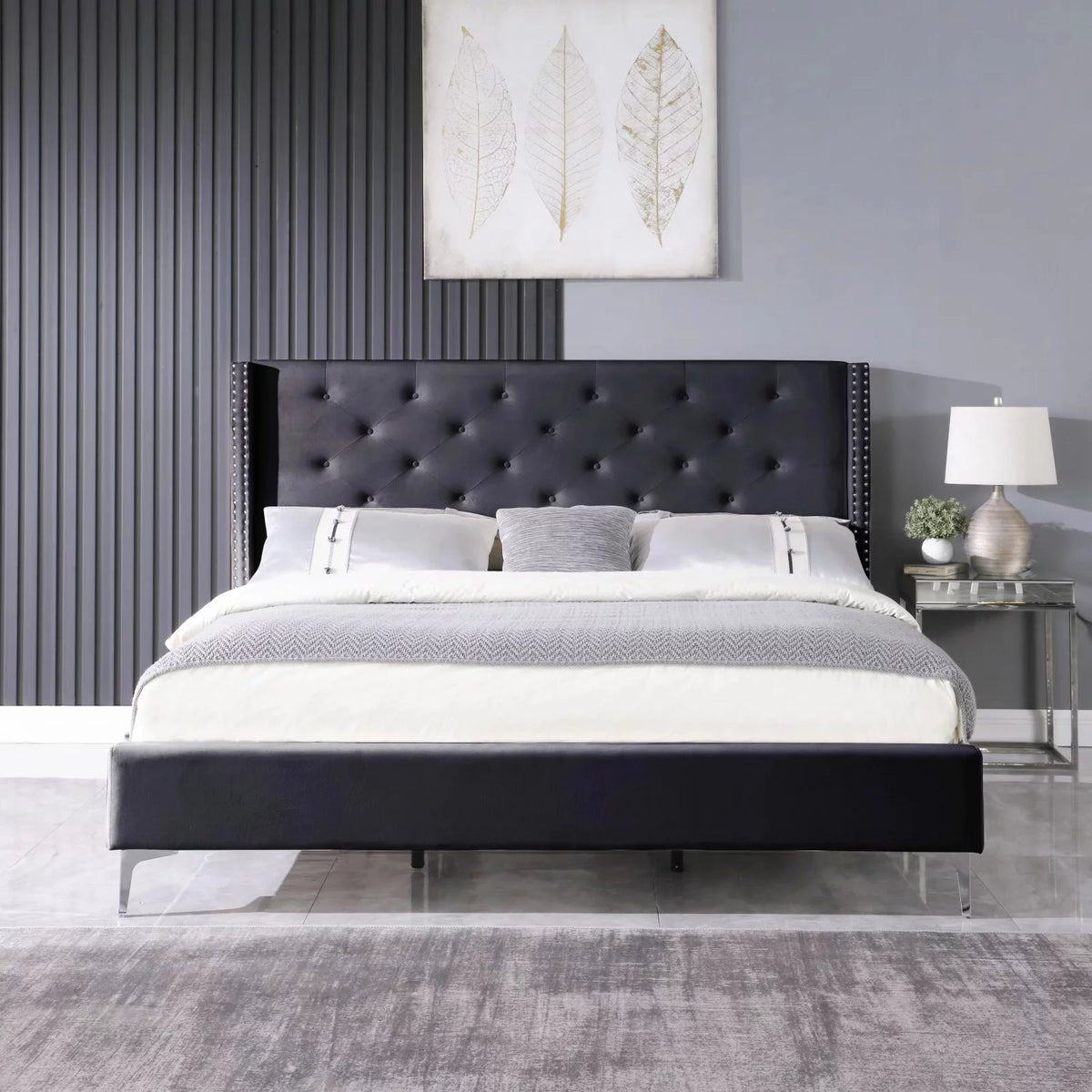 Wood Platform Bed Frame with Upholstered Headboard Queen Black O1703