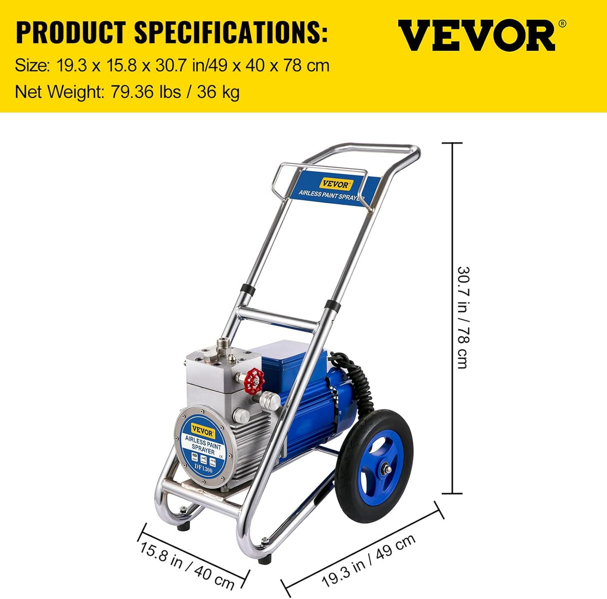 Airless Paint Sprayer, 1500W Cart, 1GPM 50FT Hose, 621 Tip, 6in Extension Bar Z88194