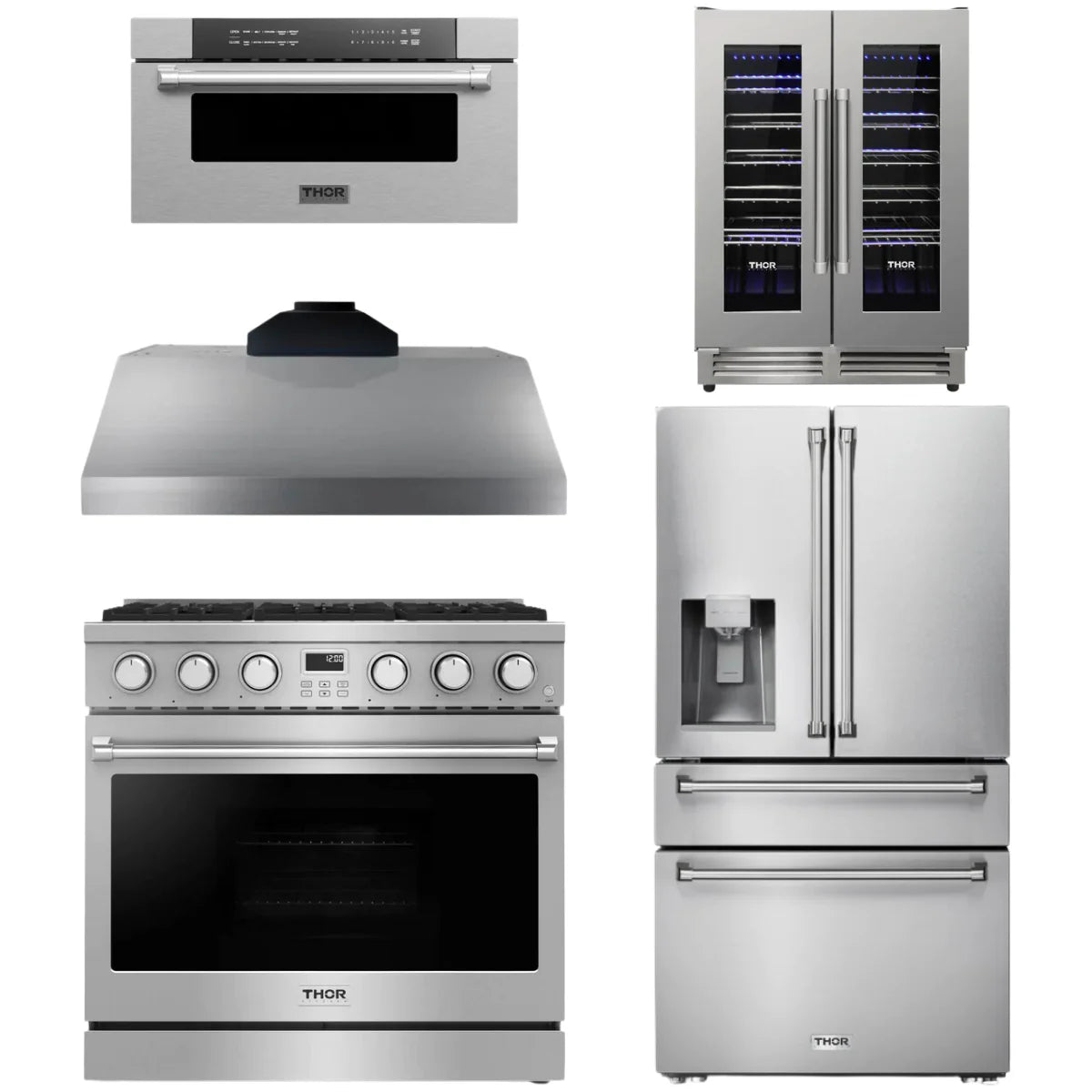 36 Gas Range, Range Hood, Refrigerator, Microwave and Wine Cooler T371