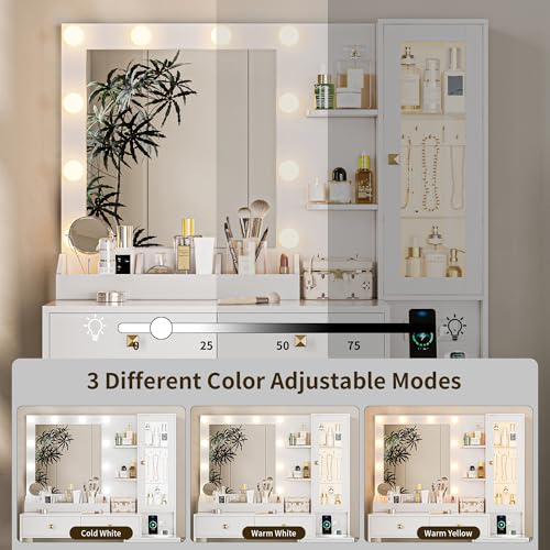 White Vanity Desk with Mirror and Lights, 5 Drawers and Chair T977