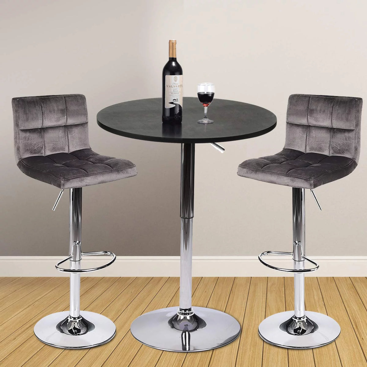 Set of 2 Gray Velvet Adjustable Swivel Bar Stool A36611