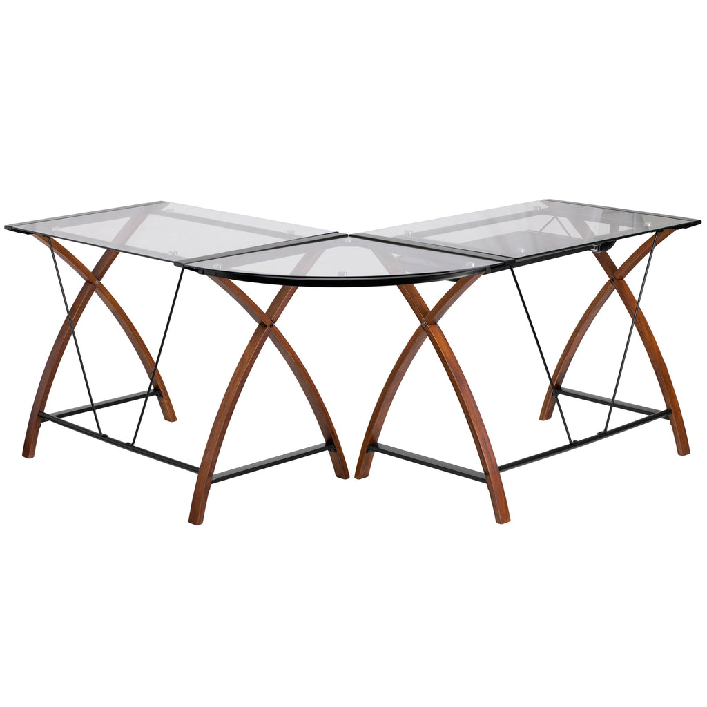Glass L-Shape Desk with Pull-Out Keyboard Tray S995251