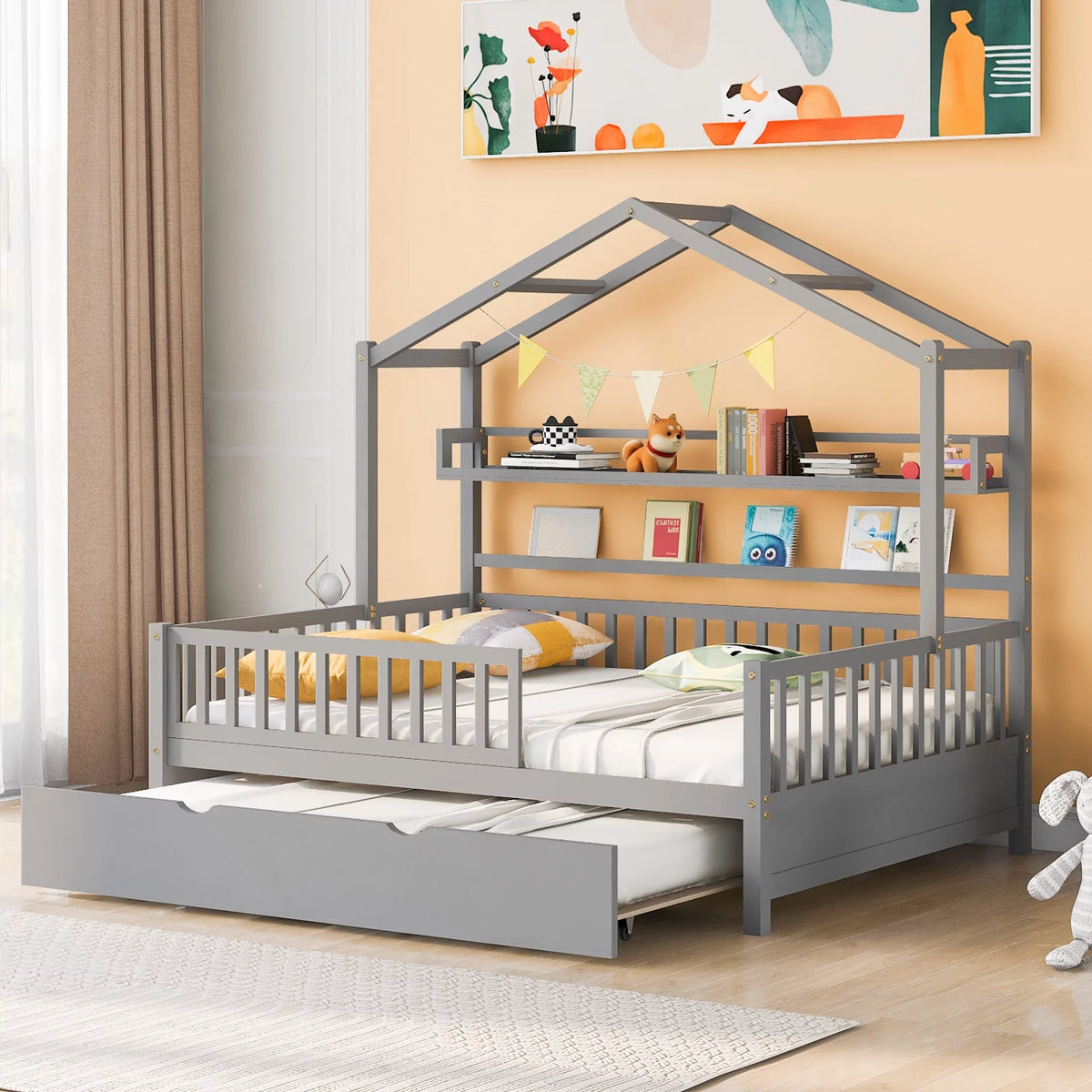 Gray Wood Twin House Bed with Trundle C228