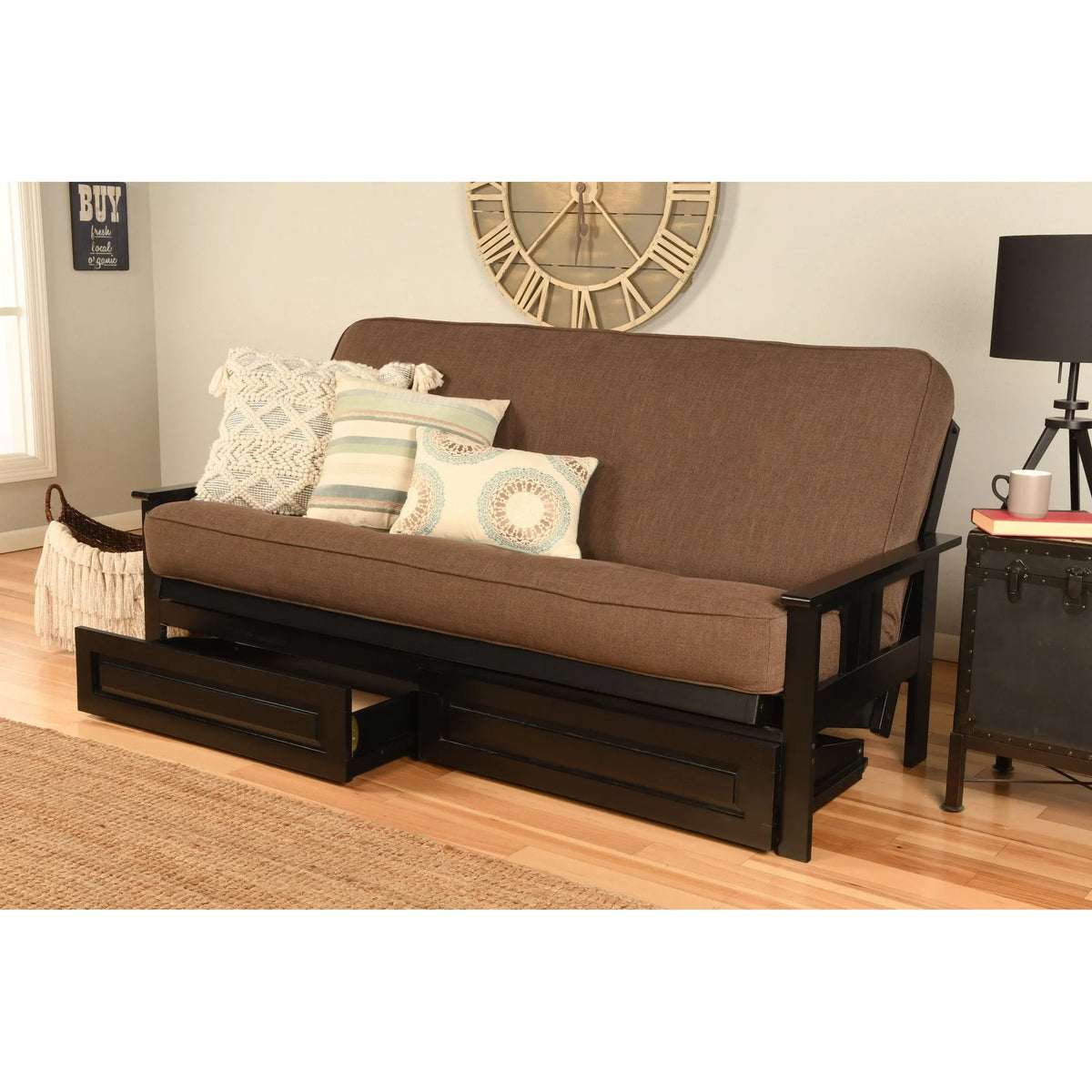 Black Finish Sofa with Storage and Removable Linen Mattress Cover U264