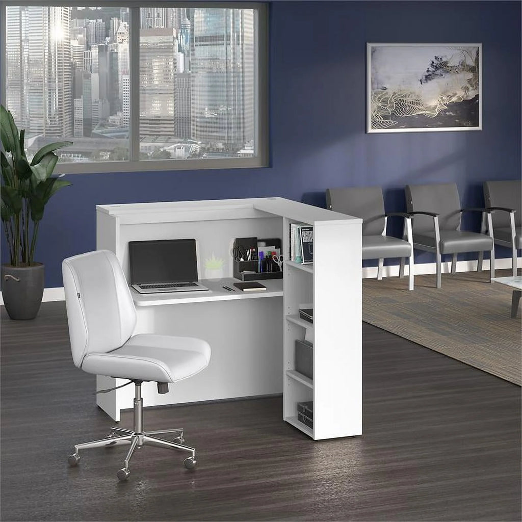 White Engineered Wood Reception Desk with Shelves V34435