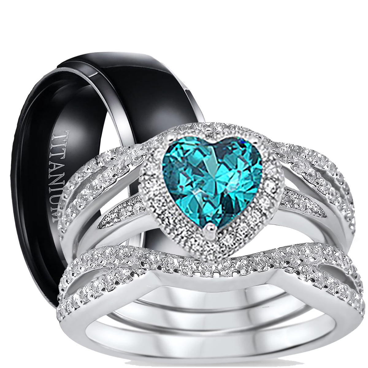 3 Piece Sterling Silver Black Titanium Wedding Band Engagement Ring Set Y192485