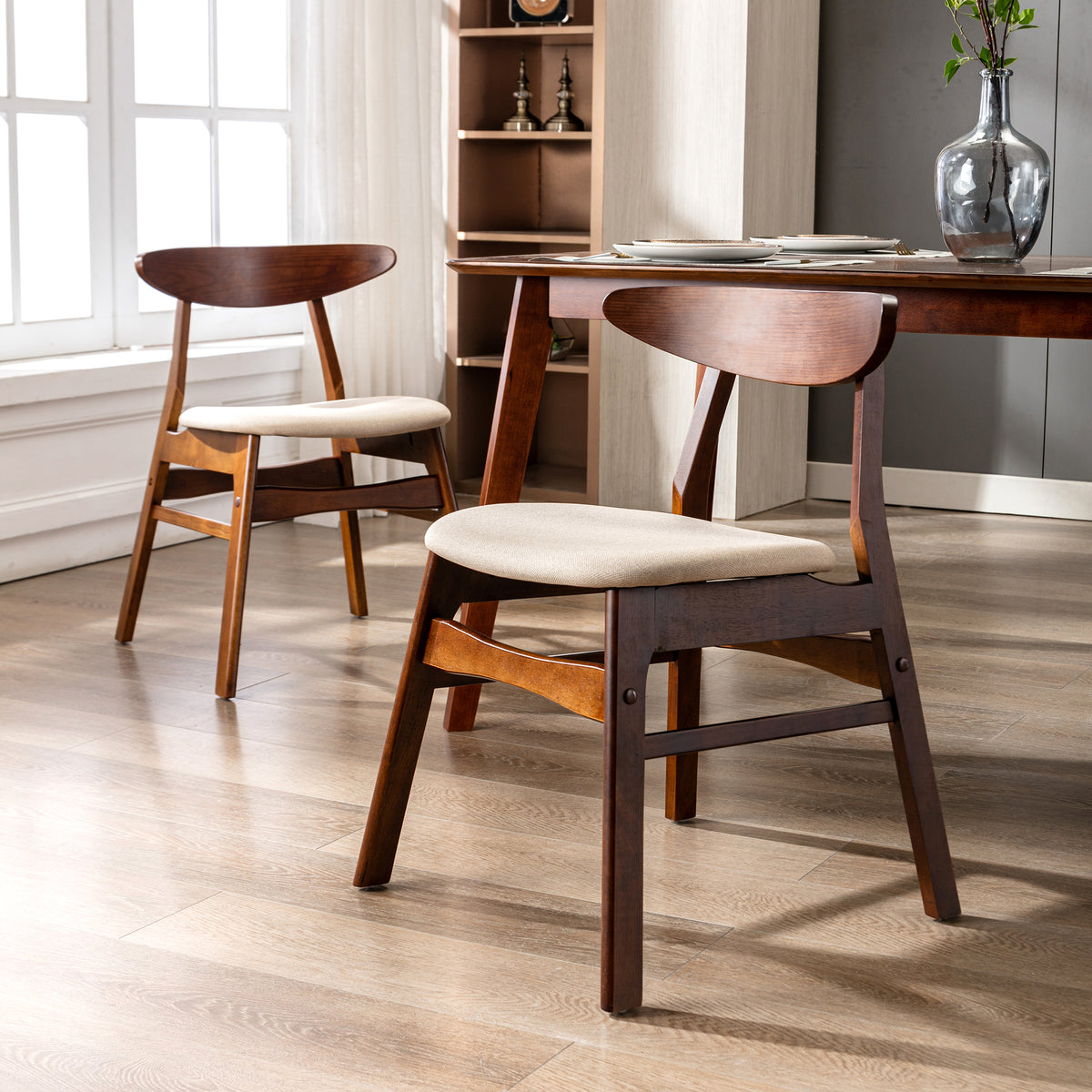 Beige Solid Wood Upholstered Dining Side Chair Set of 2 D364101