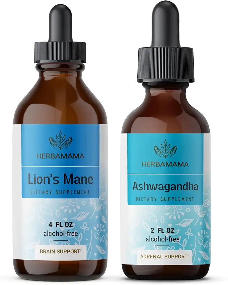 Liquid Drops Kit - Lion's Mane 4 fl oz & Ashwagandha 2 fl oz - Vegan 2 Pack J79595