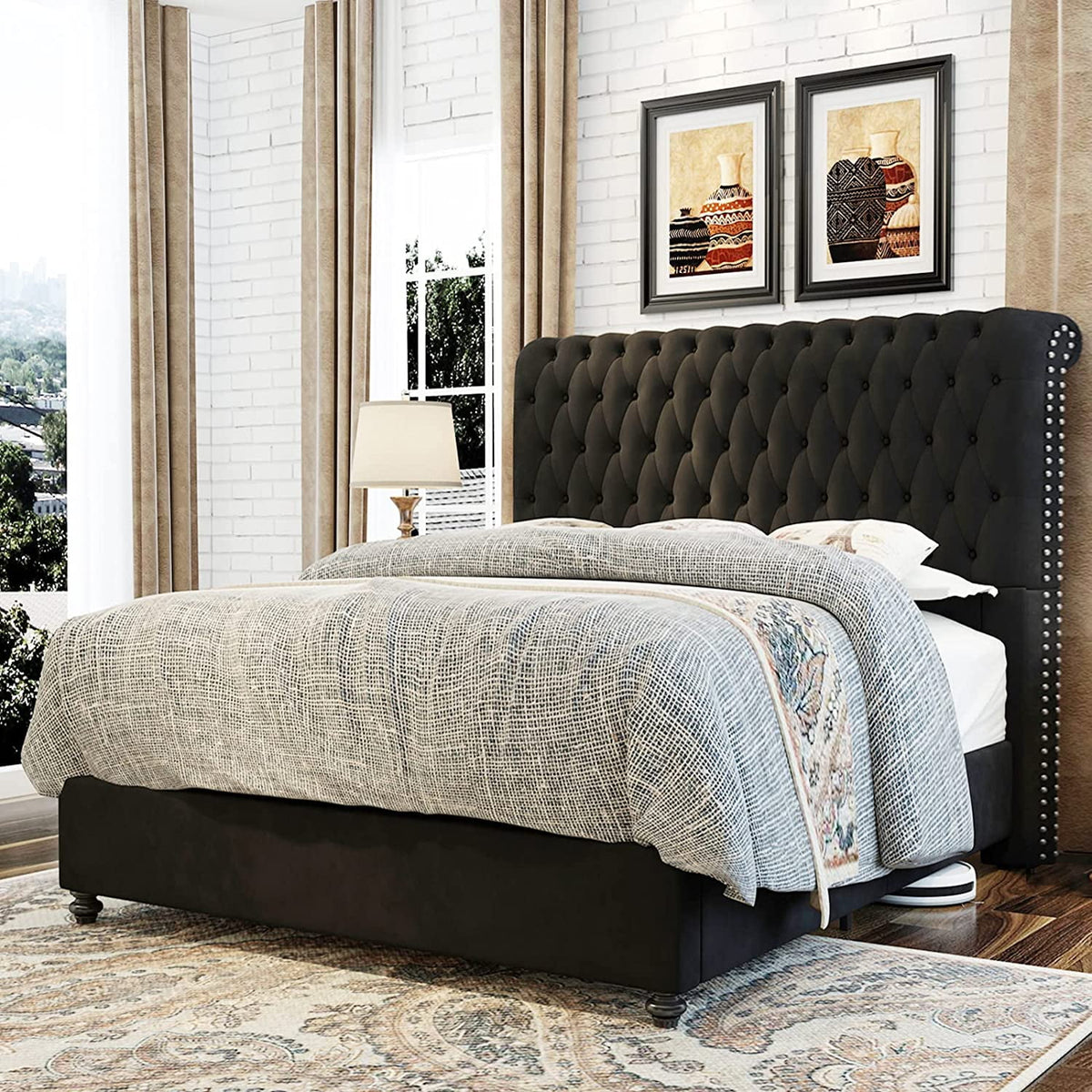 King Size Velvet Upholstered Platform Bed Frame A5284