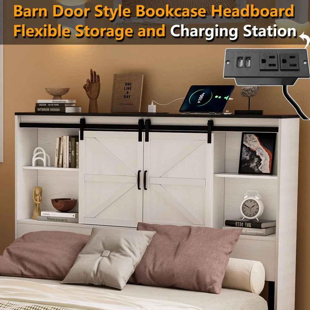 Queen Size Wooden Platform Bed Frame with Bookcase Headboard Storage K83850