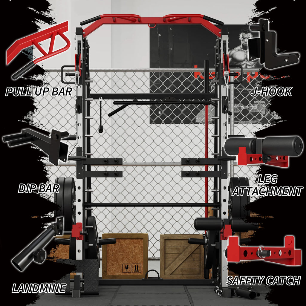 Smith Machine Power Rack Cage with Weight Bench and Cable Crossover System P40974