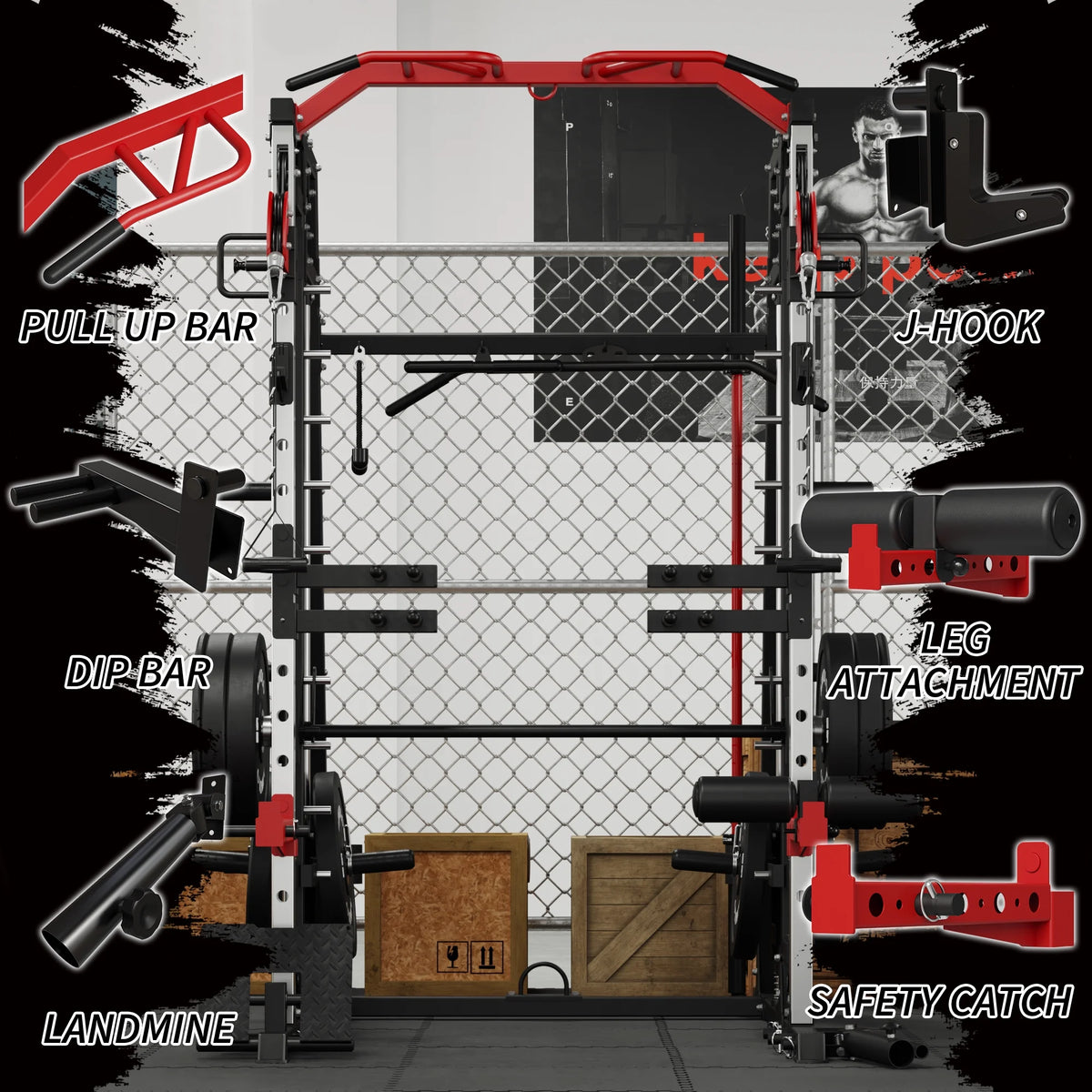 Smith Machine Power Rack Cage with Weight Bench and Cable Crossover System P40974