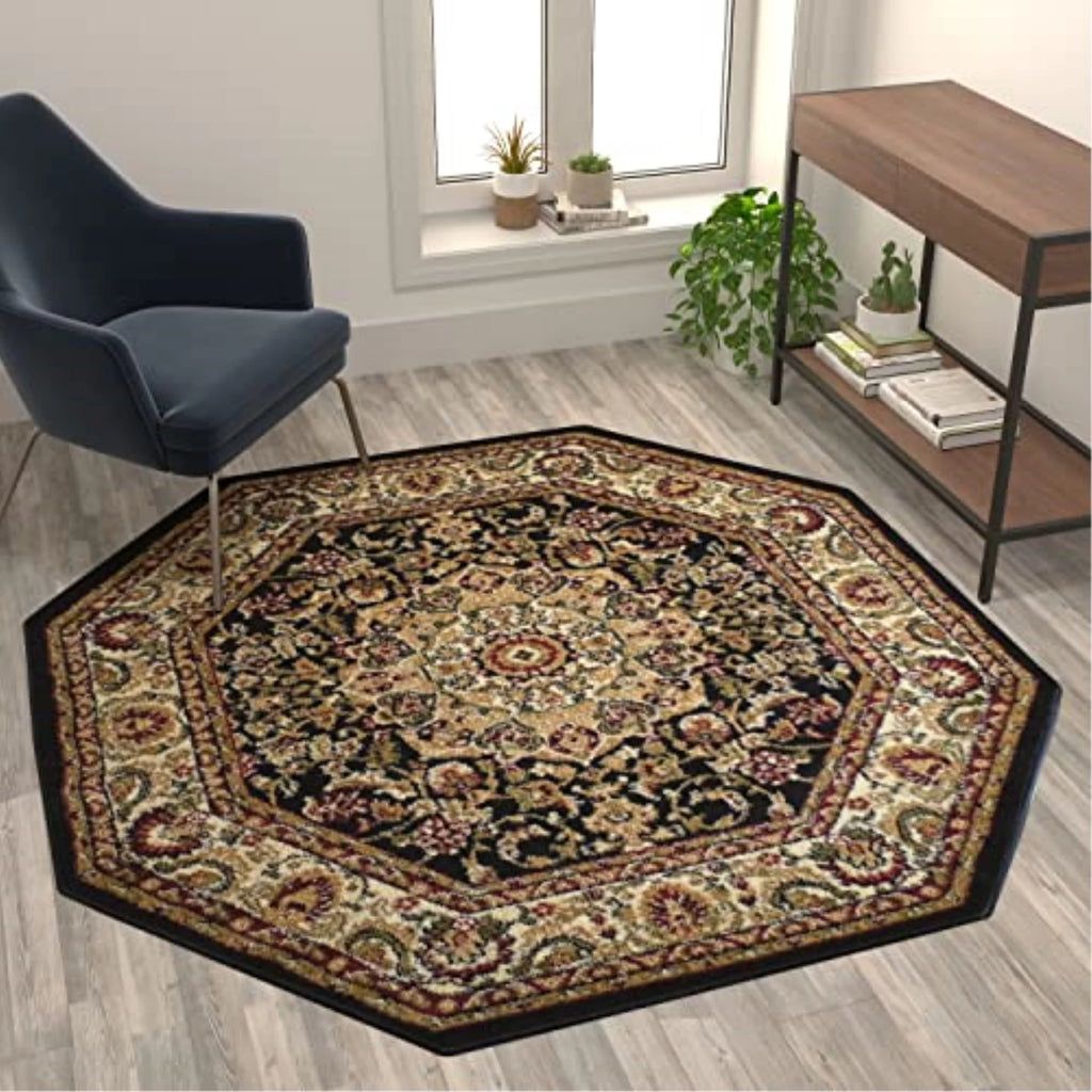 Beige Green Burgundy Black 5' x 5' Area Rug V373
