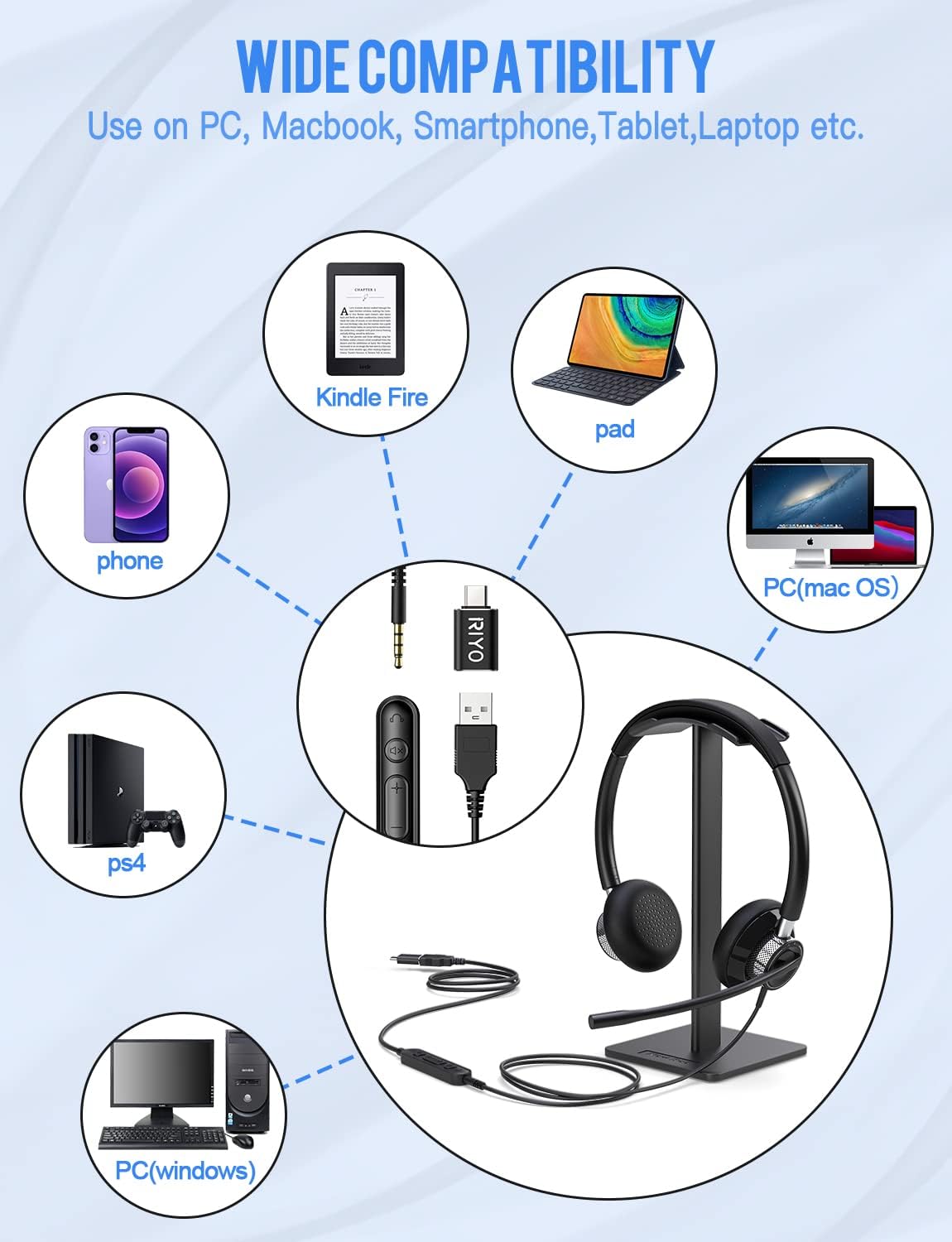 USB Headset with Rotatable Mic, Stereo Wired Headset, USB-C Adapter, Pack of 2 C1912