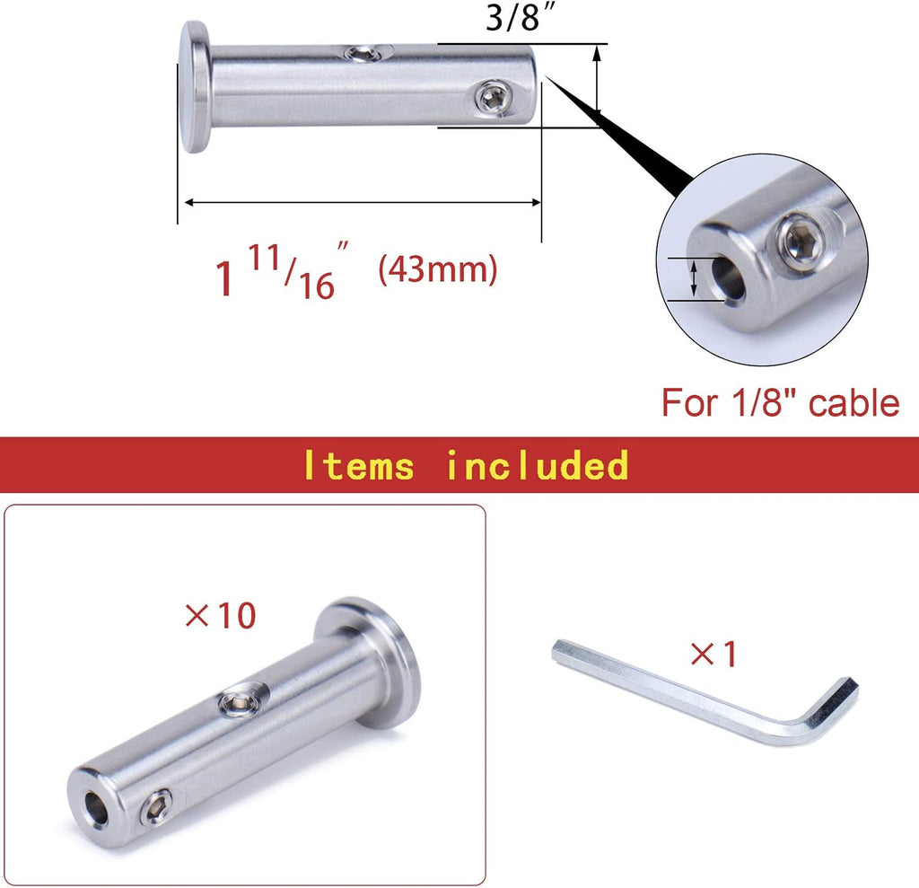 10Pack Cable Railing Kit Invisible Swageless 1/8 Terminal Receiver Flat Head Hidden for 2x2 Metal Post Deck Stairs I4803